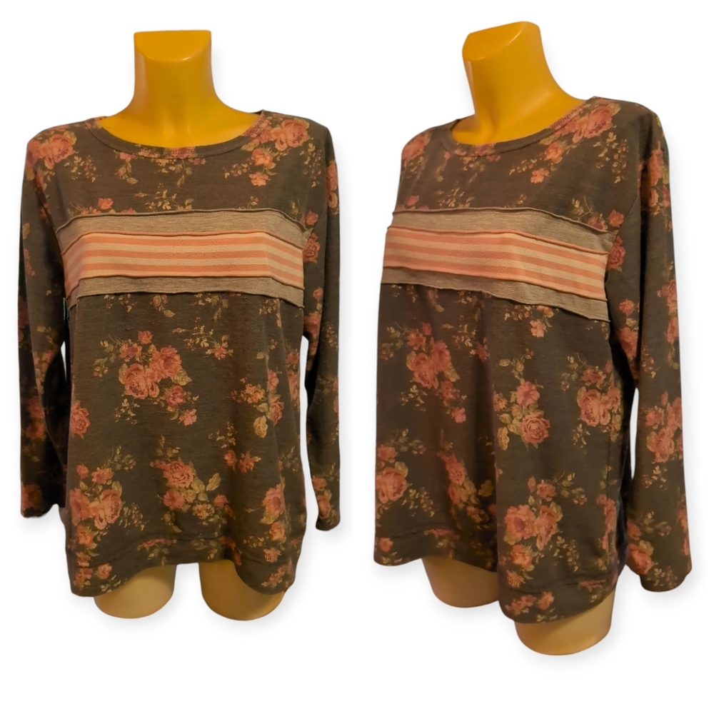 🌹3/15🌹MAURICES Grey Pink Green Floral And Stripes Long Sleeve Shirt